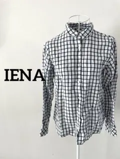 【IÉNA】麻100% チェック柄 長袖シャツ ルトロワ風 チビ襟 白×ネイビーのサムネイル