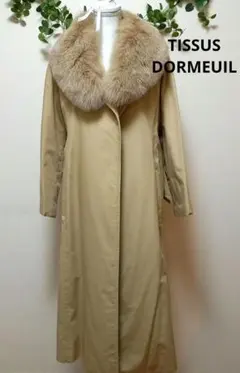 日本製【ドーメル】高級リアルファー取外し ロングコート ベージュ ベルト付 L