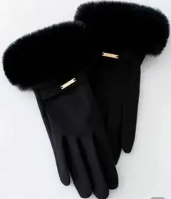 新品レディース防寒裏起毛◆暖かファーグローブ手袋スマホタッチ付ブラック黒