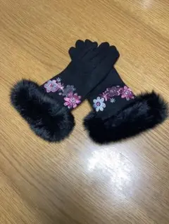 花柄刺繍ファー付き手袋