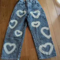 ハート模様 ブルーデニム ワイドパンツ
