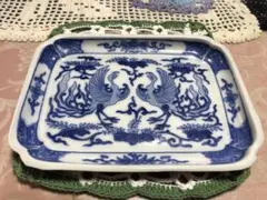 未使用品】①源右衛門窯 染錦 龍紋 章魚唐草 長皿 飾り皿 未使用品