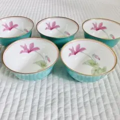 香蘭社　エメラルド 花柄 湯呑み 5点セット