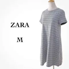 ザラ ワンピース 総柄 半袖 Aライン バイカラー ブラック レディース M
