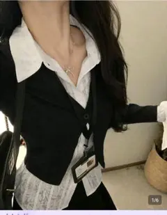 レイヤード風 長袖カットソー ブラック×ホワイト