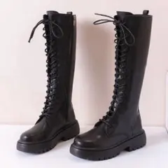 shein 黒 ロングブーツ 厚底　ブラック　厚手　ニーハイブーツ　秋冬