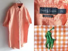 美品 ラルフローレン ロゴ刺繍 ギンガムチェック BDシャツ L オレンジ