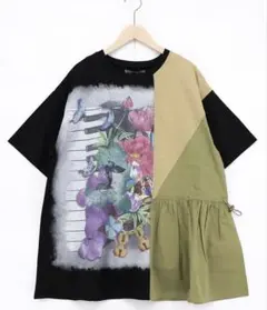イズスカラー　 562227：楽器×お花のブローチ柄 アシメ配色切替チュニックのサムネイル