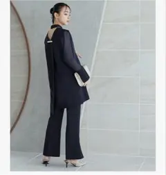 ネイビー　袖シースルー　パンツセットアップ　フォーマル　セレモニー