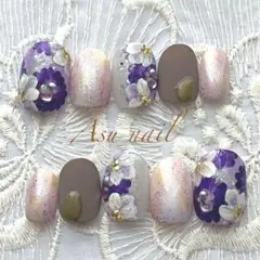 現品　No. 8 紫フラワー　ネイルチップ　マットネイル