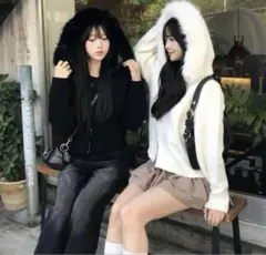 emmyファータッチフーディーダブルジップニット ファーニットカーディガン