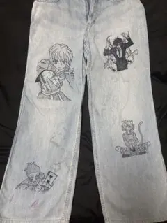 アニメイラスト入りライトブルーデニム　UNIQLO バギージーンズ