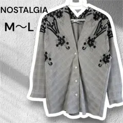 NOSTALGIA 刺繍 チェック ブラウス グレー M L ゆったり Vネックのサムネイル