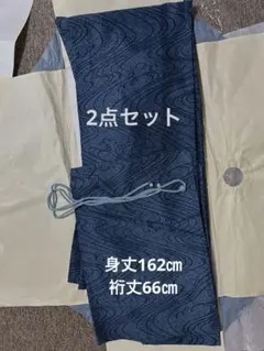 絽　夏着物　洗える着物　濃紺 波模様 小紋着物 帯紐付き