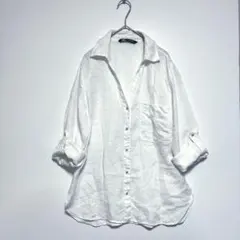 ザラ ZARA 長袖シャツ 白シャツ ロールアップ袖 スキッパー 金ボタン S