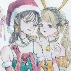 手描きイラスト アナログ オリジナル サンタ＆トナカイ