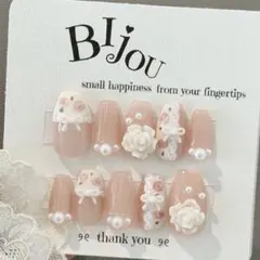 サイズオーダー　ネイルチップ　フレンチガーリー　小花柄　薔薇　韓国　リボン