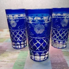 江戸切子 瑠璃色 タンブラー 3客セット 花柄