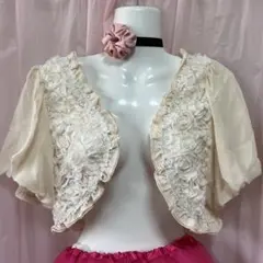 クリーム色 フラワー刺繍 ボレロ 半袖 、フェアリー 、バレーコア、姫、Y2K