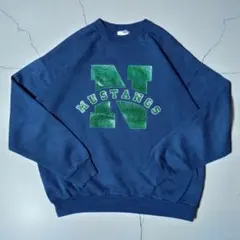90s ヘインズ MUSTANGS カレッジロゴスウェット 紺 L
