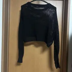 黒 メッシュ編み クロップドセーター 長袖