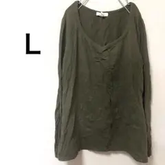 こなれカーキ Vネック長袖カットソー 1XL 大きいサイズ ゆったり