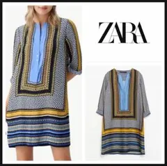 【ZARA/ザラ】チュニック　ワンピース　スカーフ柄　ブルー系　プリント　七分袖のサムネイル