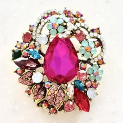 保存袋付き アンティーク調 大ぶりビジューピンク オパール クリスタル ブローチ