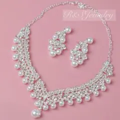 パール2点セットラインブライダルネックレスイヤリングピアスウェディング結婚式d