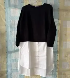 ニット切替えシャツ チュニック丈 フリー ブラック