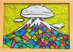 七色富士と笠雲開運金運浄化手描きガラス絵の具イラストアート沖縄犬猫龍絵画置き物