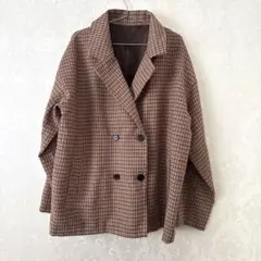 ブラウン チェック柄 ダブルブレストジャケット - メルカリ