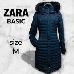 【美品】ZARA ザラ　ロングダウンコート　くびれ　Aライン　ファー　ネイビー