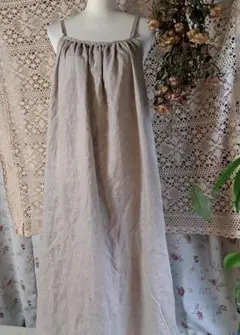 フレンチリネン後ろリボンロングギャザーキャミワンピースきなり