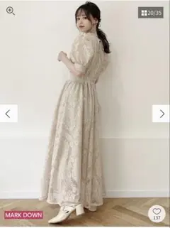 レース素材 ベージュ ロングドレス 半袖