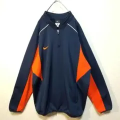 *【ナイキ】　ジャージ　ハーフジップ　刺繍ロゴ　裏起毛　紺色　オレンジ　白