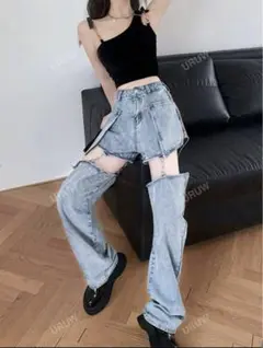未使用カットアウトデザイン デニムパンツ