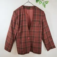 ノーカラージャケット S チェック柄 赤茶色 1つボタン カジュアル 日本製