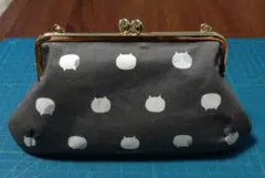 【ハンドメイド】がま口ペッタンコポーチ　ねこたま（グレー）③