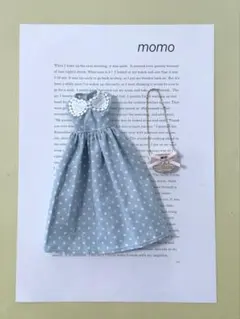 22cmドール服 ドット柄レトロワンピース×フリル麻バッグ♡コーデ2点