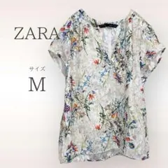 ZARA ボタニカルフラワー ブラウス【M】 Ｖネック 半袖 フラワープリント