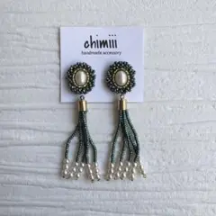 No.1187 アンティークボタン風 ビーズ刺繍 タッセル ピアス イヤリング 