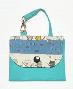 釣り猫ボーダー 持ち手付きミニポーチ ハンドメイド