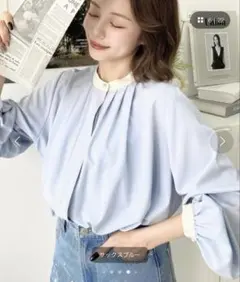 moment+ フロントタックバイカラーデザイン長袖ブラウス　Mのサムネイル