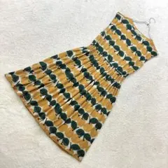 プープレ【F】黄×緑 フルーツ柄 ノースリーブワンピース 麻混 ストレッチ 薄手