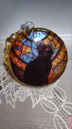 ステンドグラス風　黒猫シェイカーキーホルダー　レジン　ハンドメイド