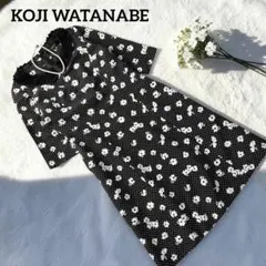 美品✨ コウジワタナベスタイル 黒白花柄 ドットワンピース 半袖 フリル襟のサムネイル