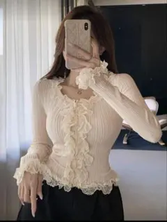 SHEIN DAZY レース切り替えボタンダウンカーディガン