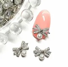 シルバー　パール　リボン　ジュエリー　ジルコニア　 ネイル パーツ　韓国　アート