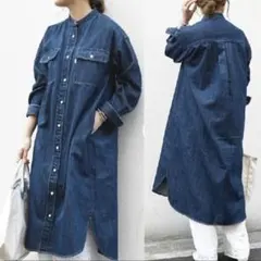 SHIPS any バンドカラー　デニムシャツワンピース
